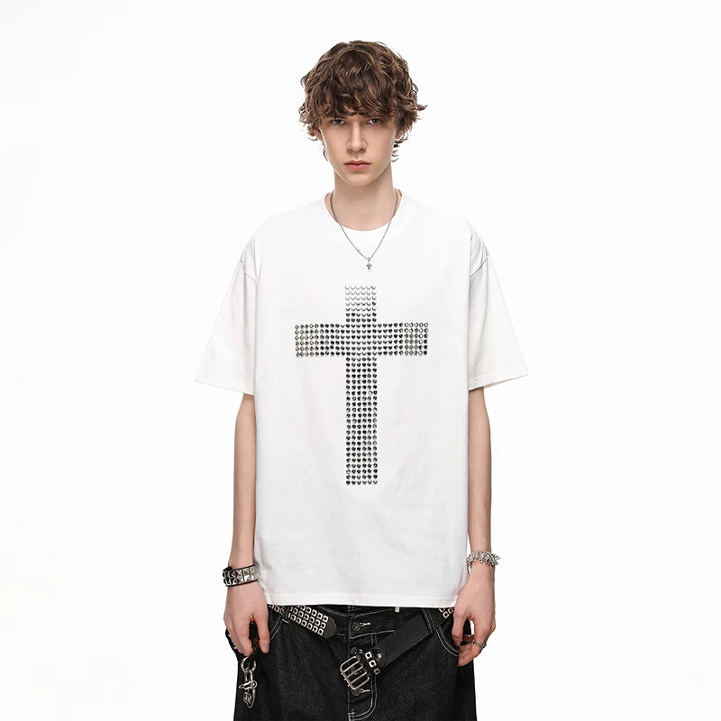 American street design, rivet cross, pure cotton T-shirt, short sleeved men's cleanfit, loose couple half sleeve