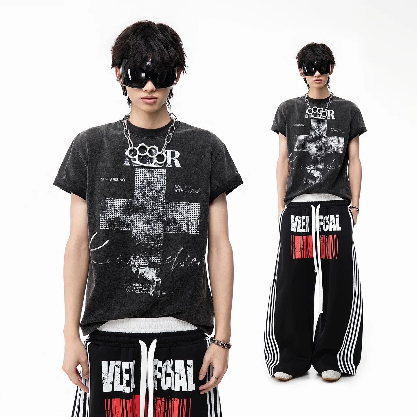 TREND ST Street Light Asia Cross Washed Vintage Printed Short sleeved Men's Summer Boxy Short Shoulder T-shirt