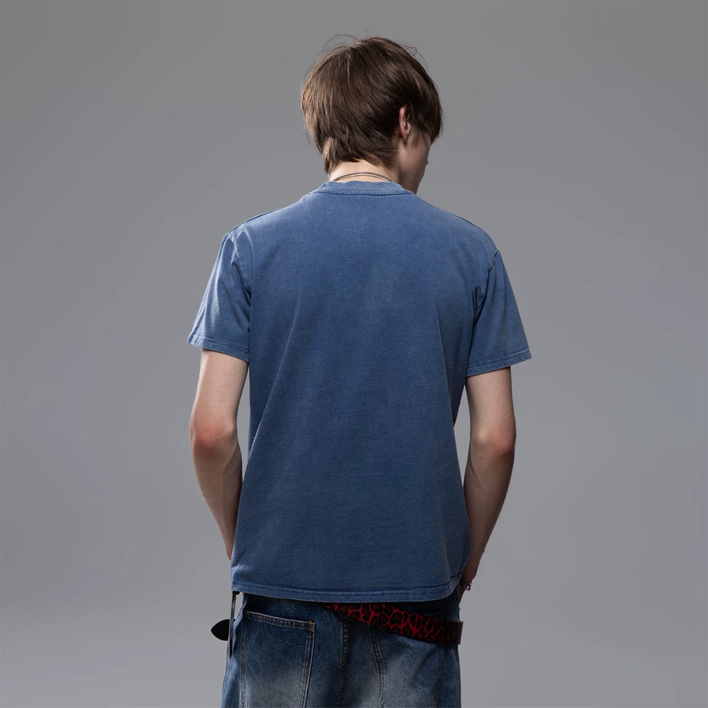 TREND ST Street Trendy Brand Visual Series Washed and Used Short sleeved T-shirt for Men's Summer Front Shoulder Printed Pure Cotton T-shirt