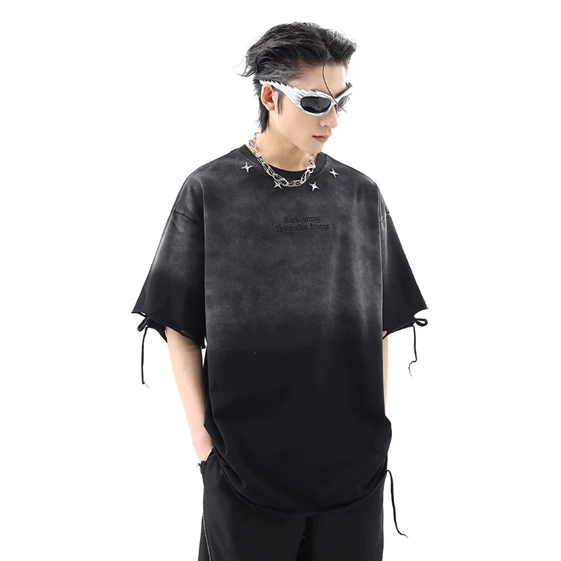 Street trendy brand niche wasteland style ripped hole short sleeved t-shirt for men's summer American retro vintage vintage gradient couple top