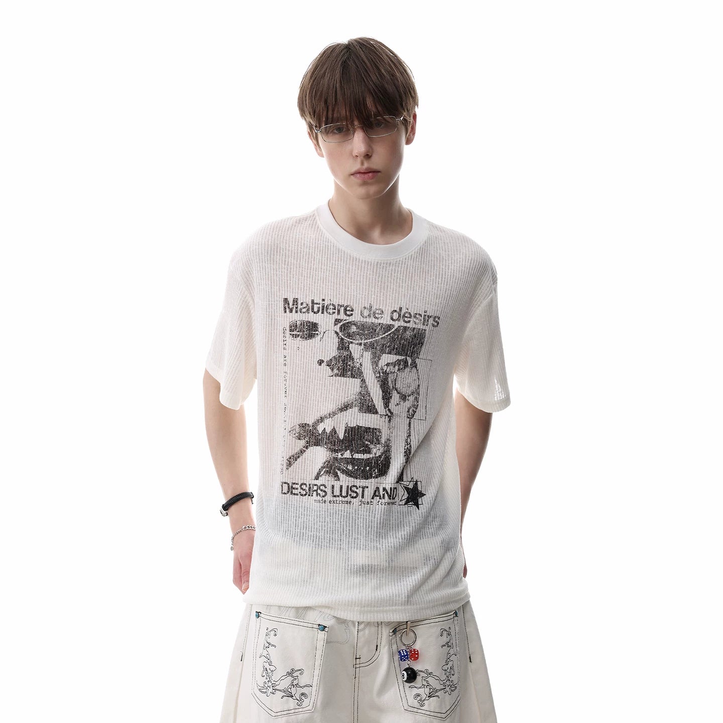 American retro texture figure print short sleeved T-shirt for men's summer round neck breathable semi transparent knitted top trendy