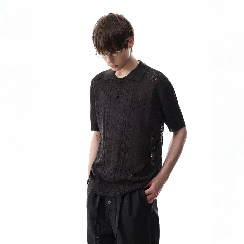 TREND ST Linen Old Money Wind Hollow Breathable Wheat Ear Jacquard Knitted Polo Shirt Men's Summer Short sleeved T-shirt