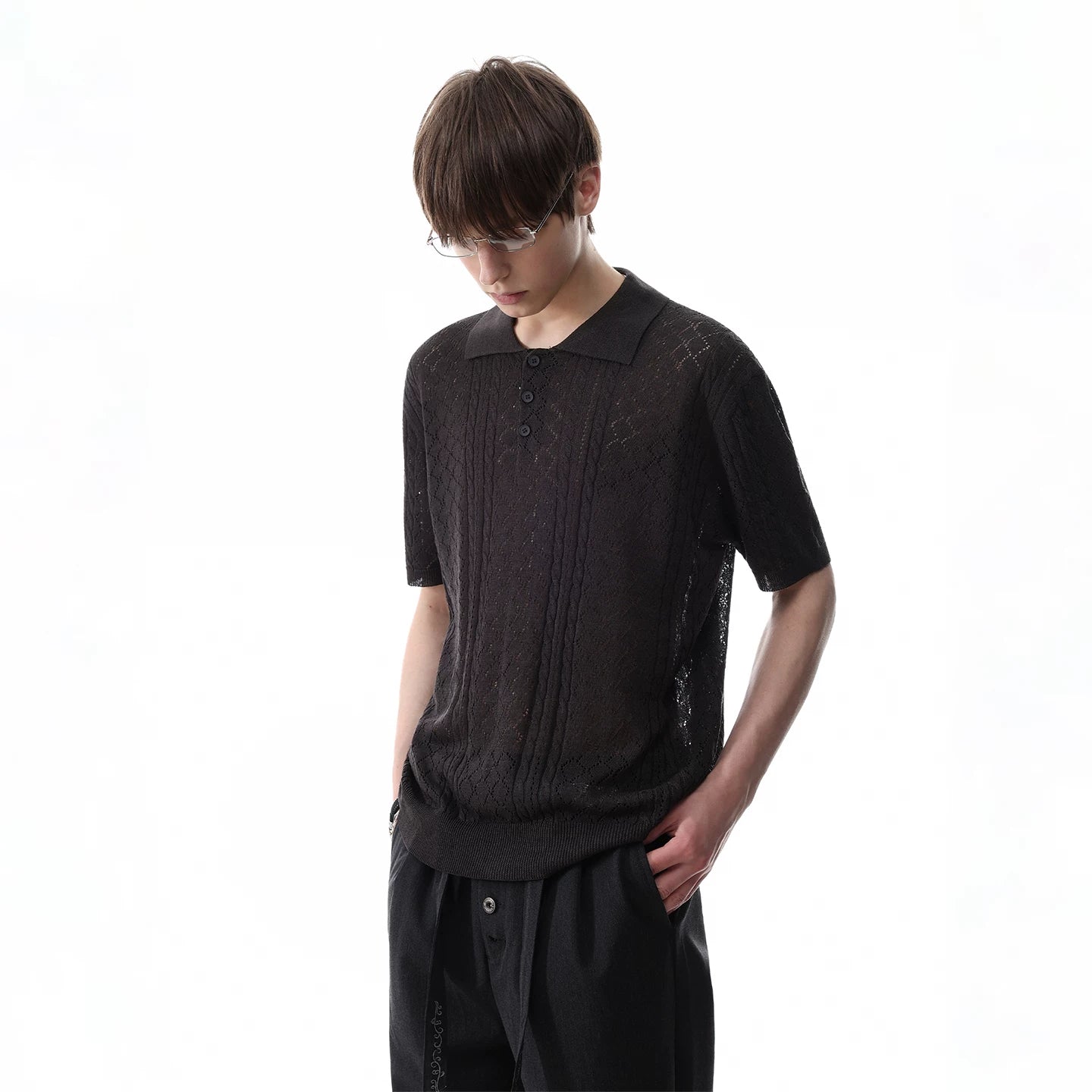 TREND ST Linen Old Money Wind Hollow Breathable Wheat Ear Jacquard Knitted Polo Shirt Men's Summer Short sleeved T-shirt
