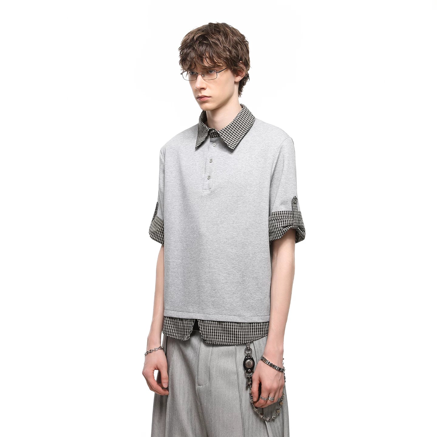College style vacation two polo shirts short sleeved men's summer contrasting plaid casual T-shirt vintage versatile top