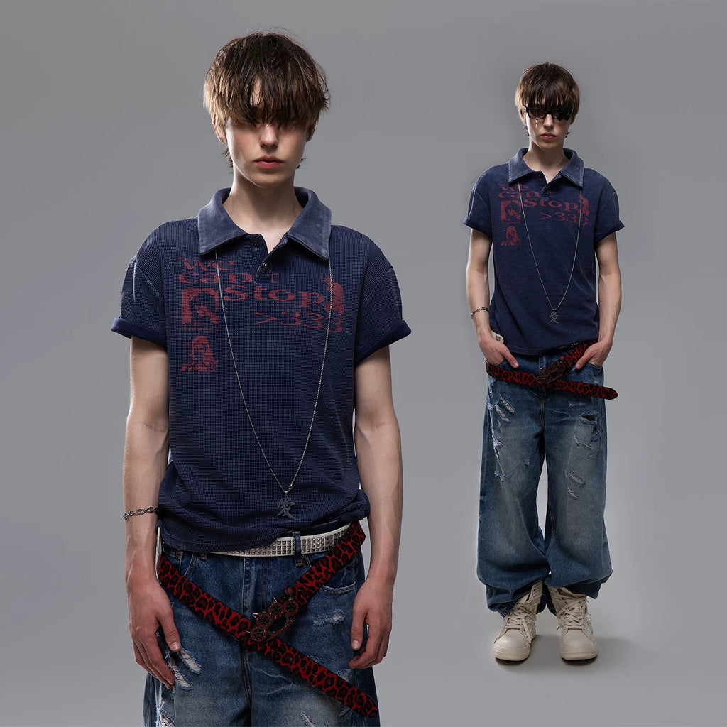 Light Asian street punk vintage waffle style shoulder T-shirt short sleeved men's summer boxy version short polo shirt