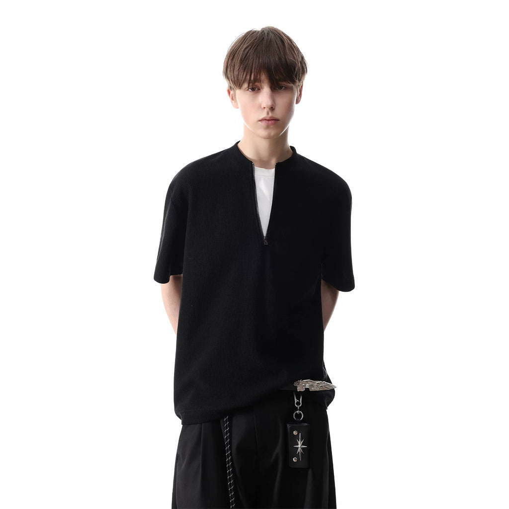 TREND ST Summer Vacation Two Piece Splicing Half Zipper Short Sleeve T-shirt for Men's American Casual Simple Waffle Top