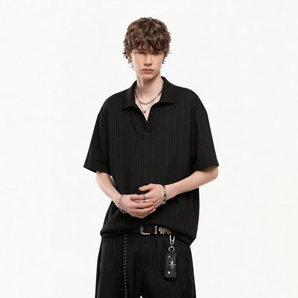 [Old Money Style Jacquard Texture] Trendy Block Summer Loose Knitted Collar Polo Shirt Short Sleeve Men's Casual T-shirt