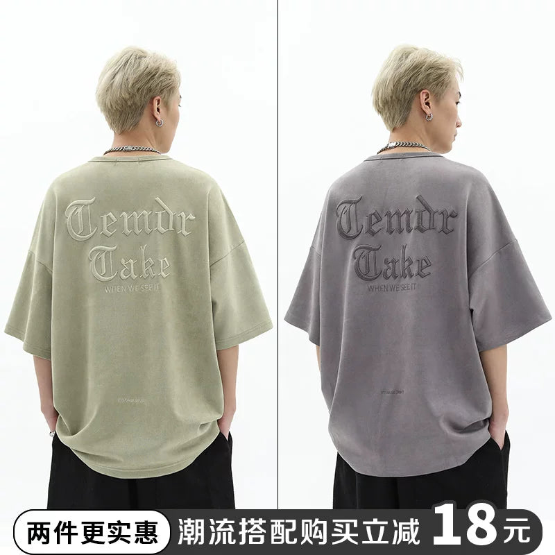 American retro heavy embroidery loose oversized short sleeved t-shirt men's summer trendy brand suede couple top