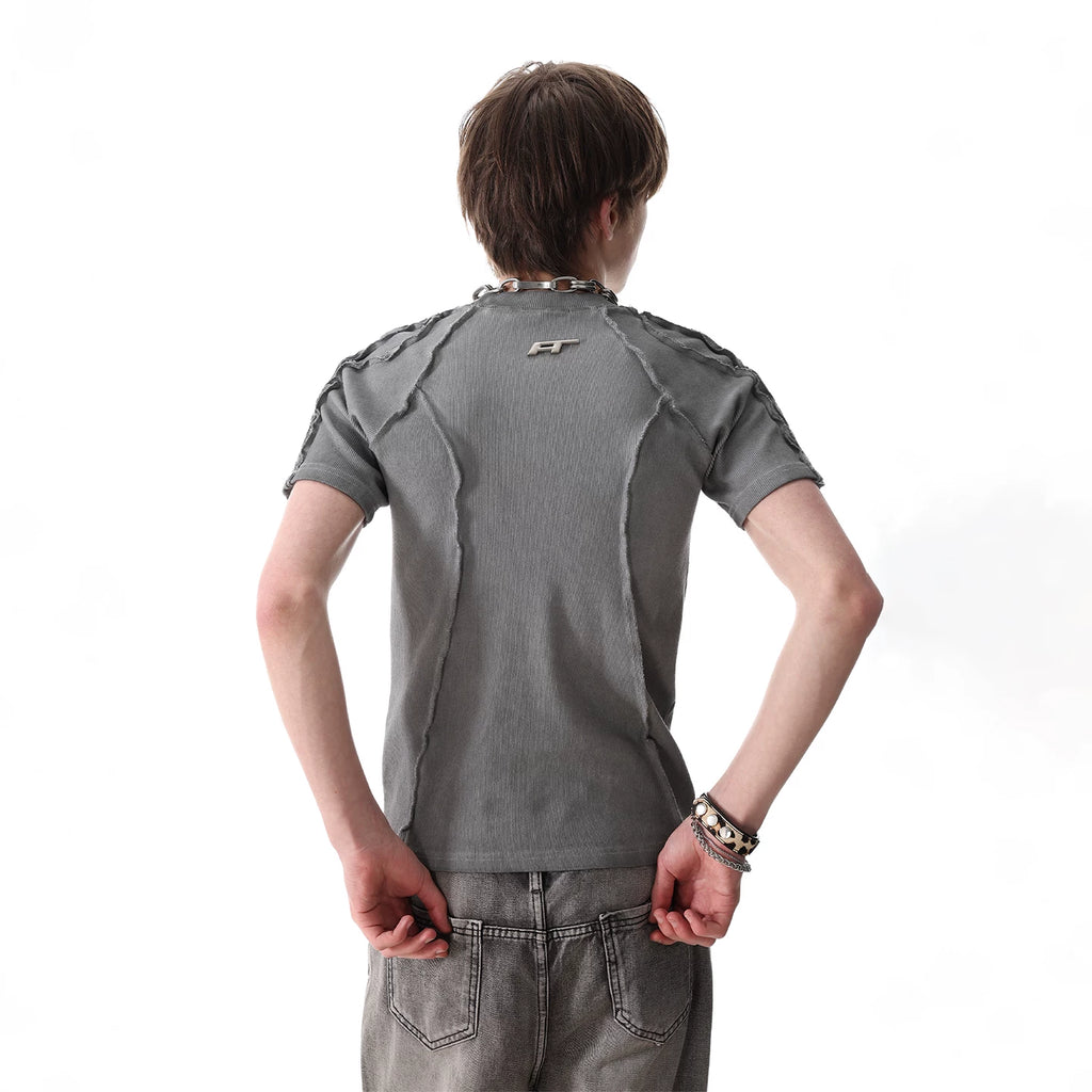 TREND ST Heavy Weight 450g Craftsmanship Deconstruction Slim Short Sleeve T-shirt for Men and Women, Wasteland Wind Pioneer Shoulder Insert T-shirt