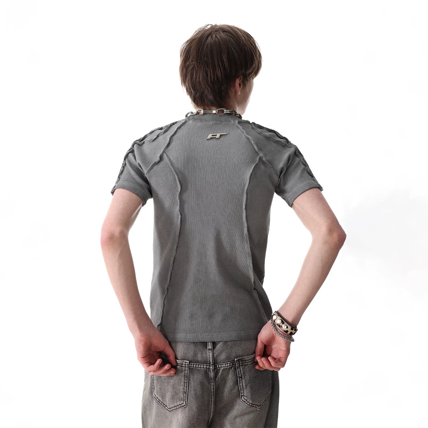 TREND ST Heavy Weight 450g Craftsmanship Deconstruction Slim Short Sleeve T-shirt for Men and Women, Wasteland Wind Pioneer Shoulder Insert T-shirt