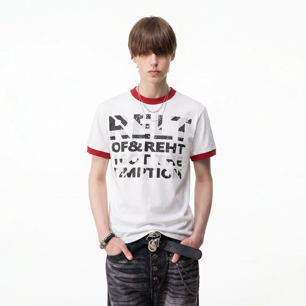 TREND ST street light Asian style shoulder short sleeved T-shirt for men in summer, contrasting color round neck slogan printed couple's T-shirt