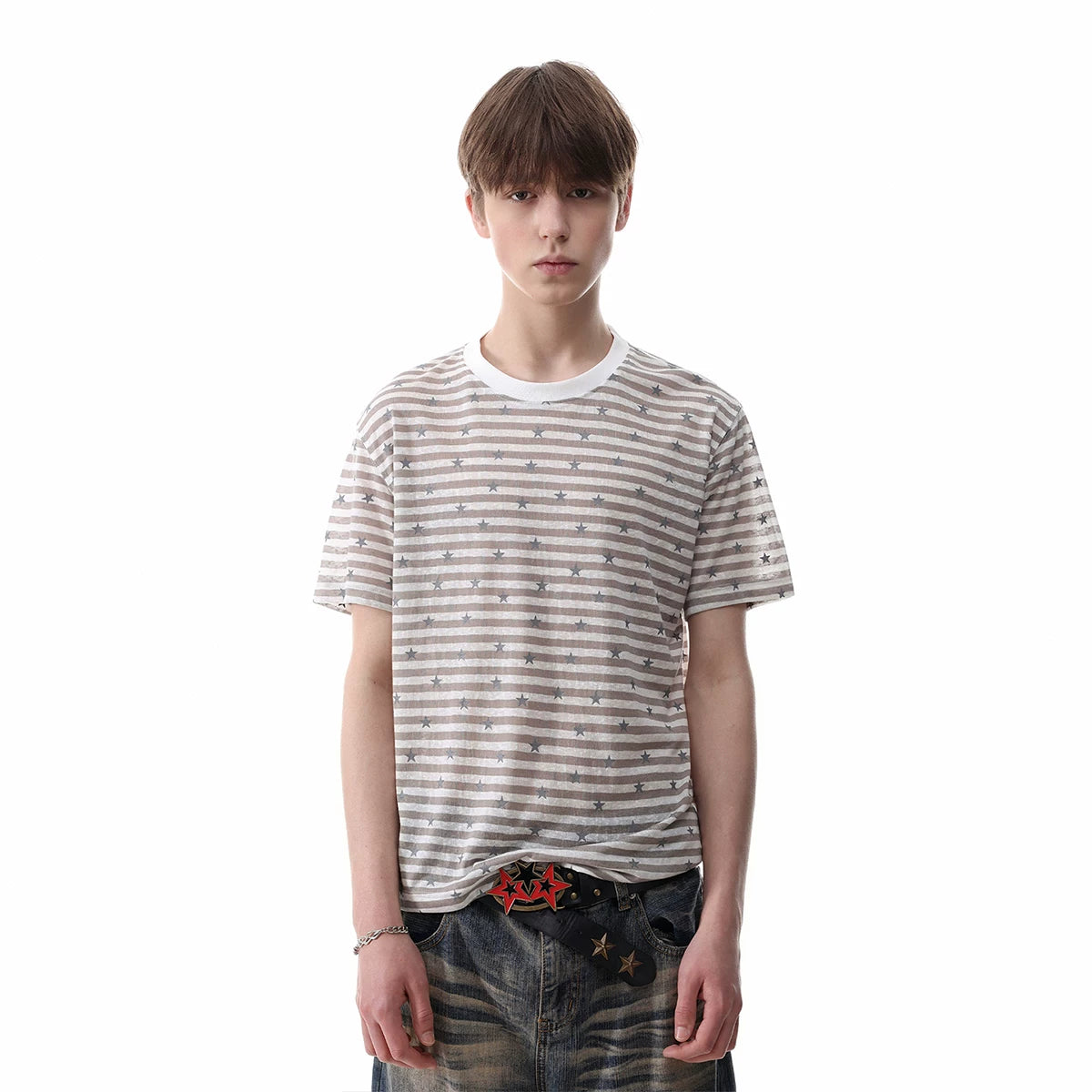 TREND ST striped star short sleeved American retro Lyocell short shoulder skinny millennium style T-shirt