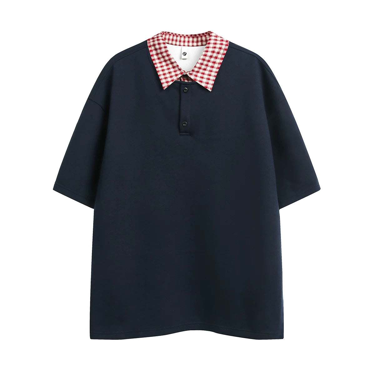 Trendy contrasting plaid patchwork polo shirt short sleeved men's summer loose and versatile fake two-piece half sleeved couple T-shirt
