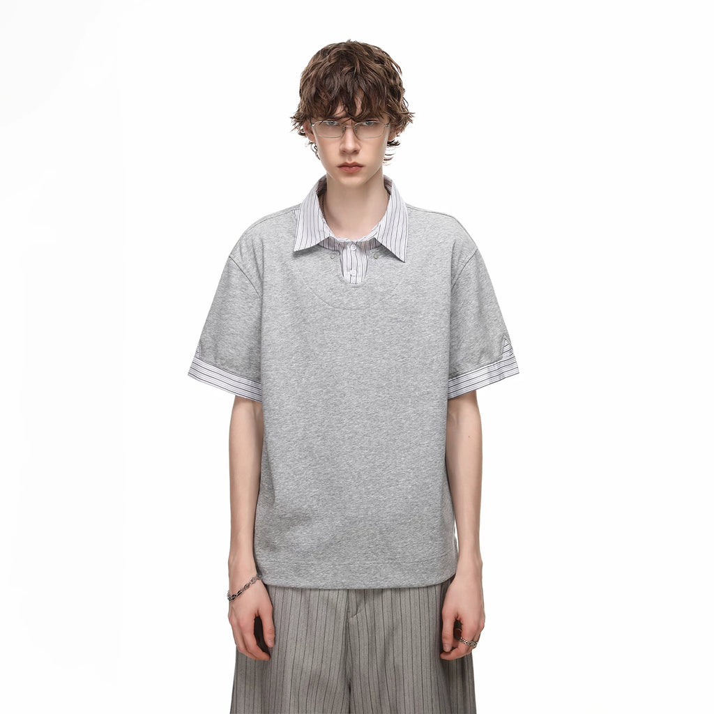 Fake two striped contrasting polo shirts short sleeved men's and women's 2026 summer cleanfit loose casual collar T-shirt