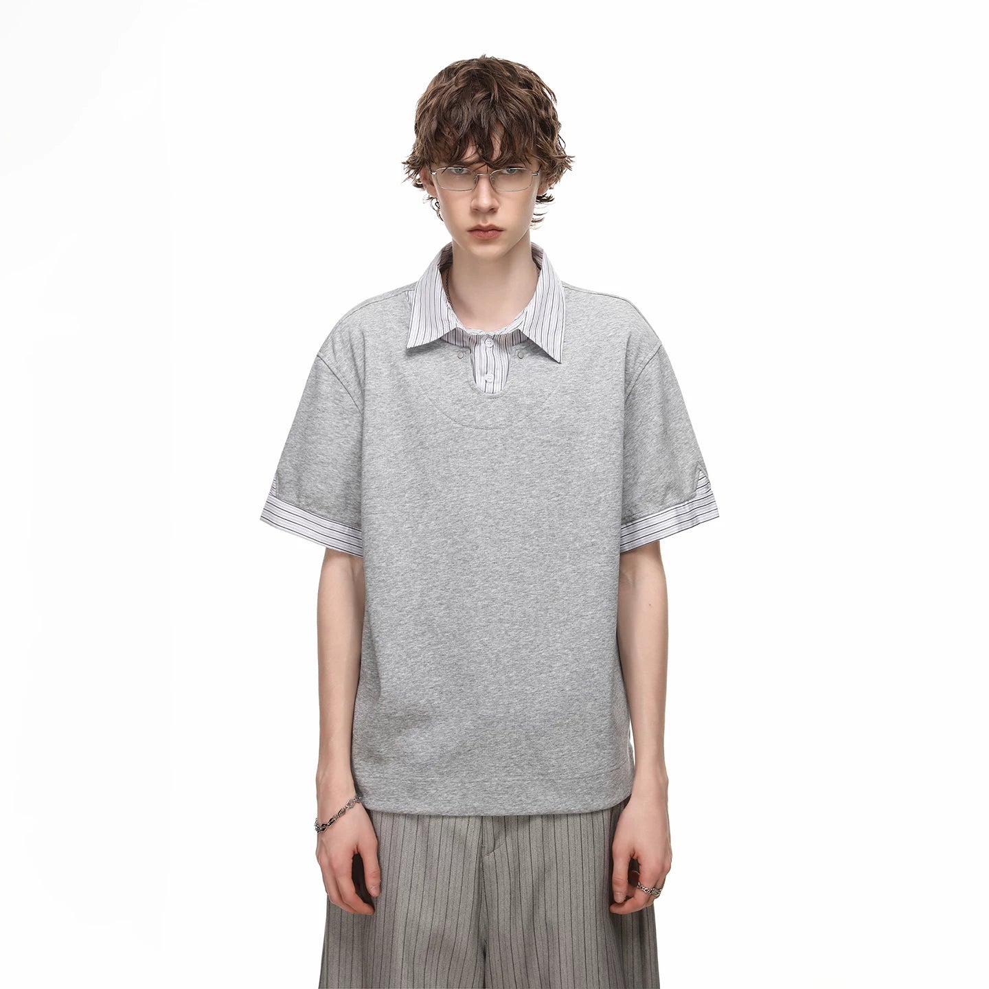 Fake two striped contrasting polo shirts short sleeved men's and women's 2026 summer cleanfit loose casual collar T-shirt
