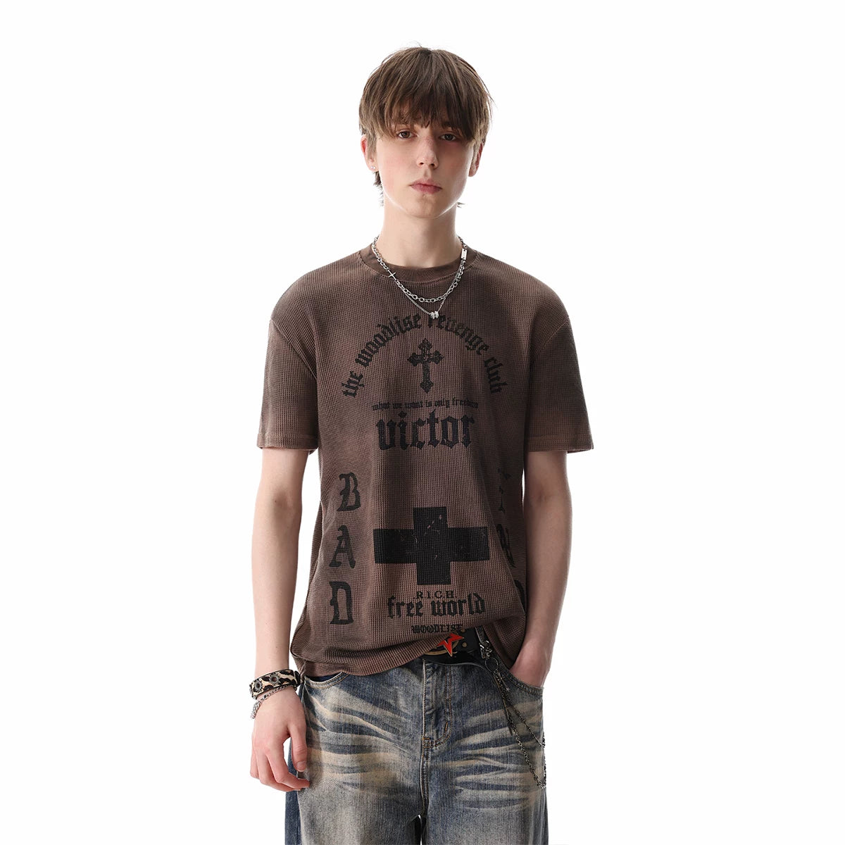 TRENDST street punk light Asian style vintage front shoulder short sleeved T-shirt for men's summer gothic printed waffle top