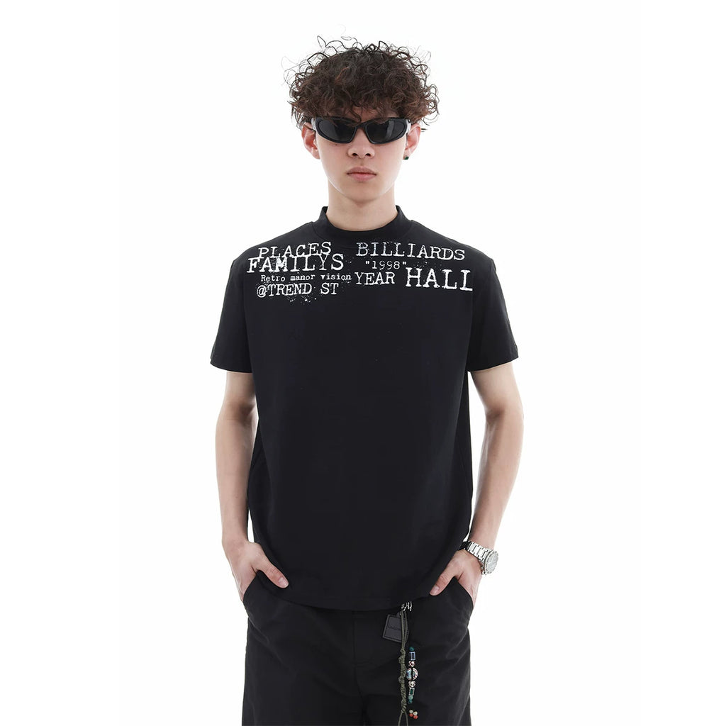 Summer niche letter printed high round neck casual short sleeved shirt for men and women, American style short cut, slim fit, elastic shoulder T-shirt trendy