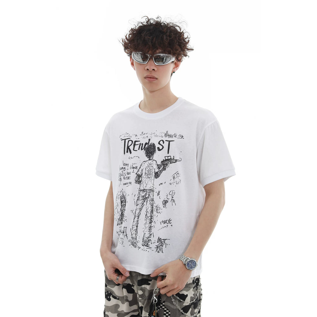 TREND ST War Short Sleeve Loose Short Width Boxy Edition Direct Spray Printed Summer Cool Breathable Micro Transparent T-shirt