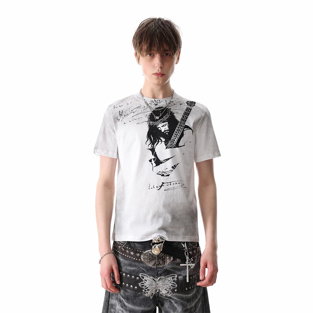 TREND ST Street Punk Graffiti Rock Character Printed Short sleeved T-shirt for Men's Summer Slimming Short Style Boxy