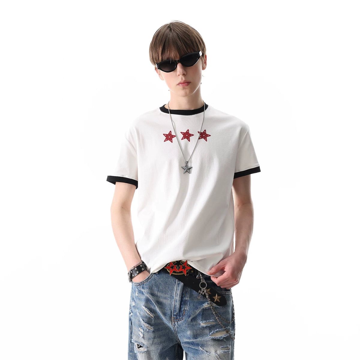 TREND ST American Street Letter Printed Short sleeved T-shirt Men's and Women's Contrast Round Neck Light Asian Boxy Shoulder Top