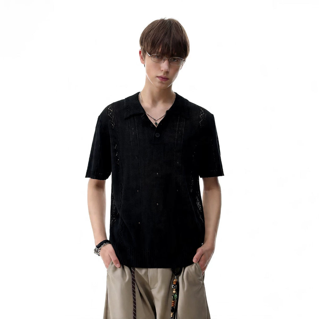 TREND ST old money style clean fit short knitted polo shirt men's summer hollow breathable short sleeved T-shirt