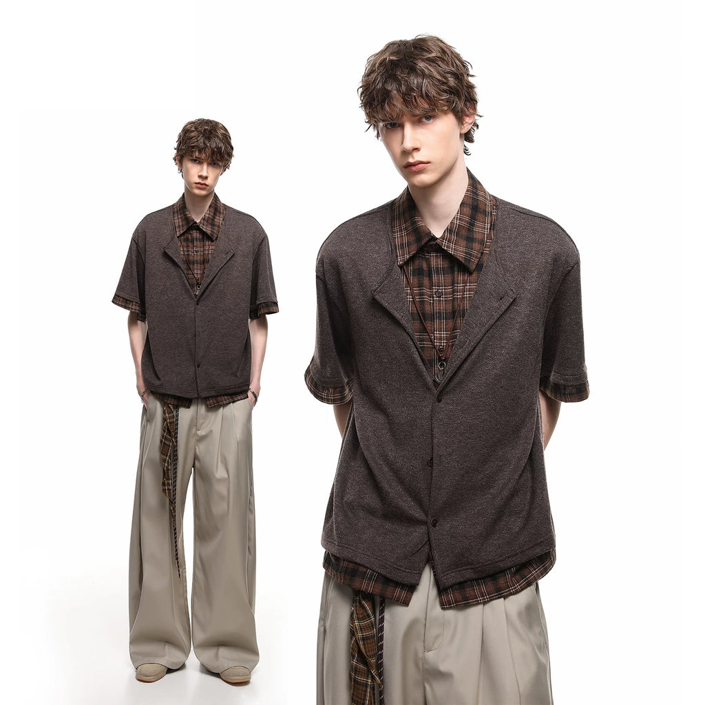 TREND ST Summer Vacation Two piece plaid patchwork vintage style shirt short sleeved men's American casual loose shirt
