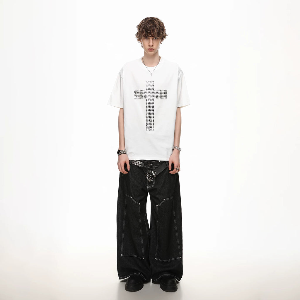 American street design, rivet cross, pure cotton T-shirt, short sleeved men's cleanfit, loose couple half sleeve