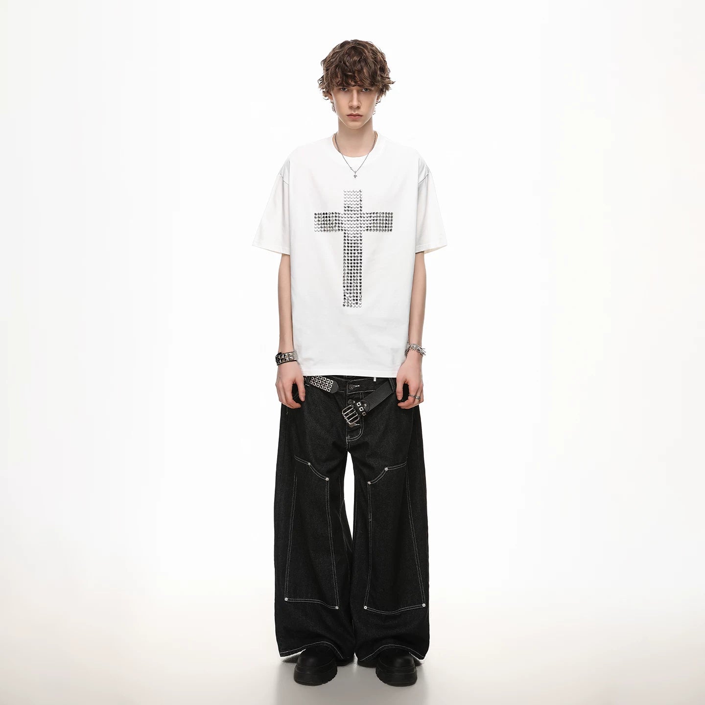 American street design, rivet cross, pure cotton T-shirt, short sleeved men's cleanfit, loose couple half sleeve