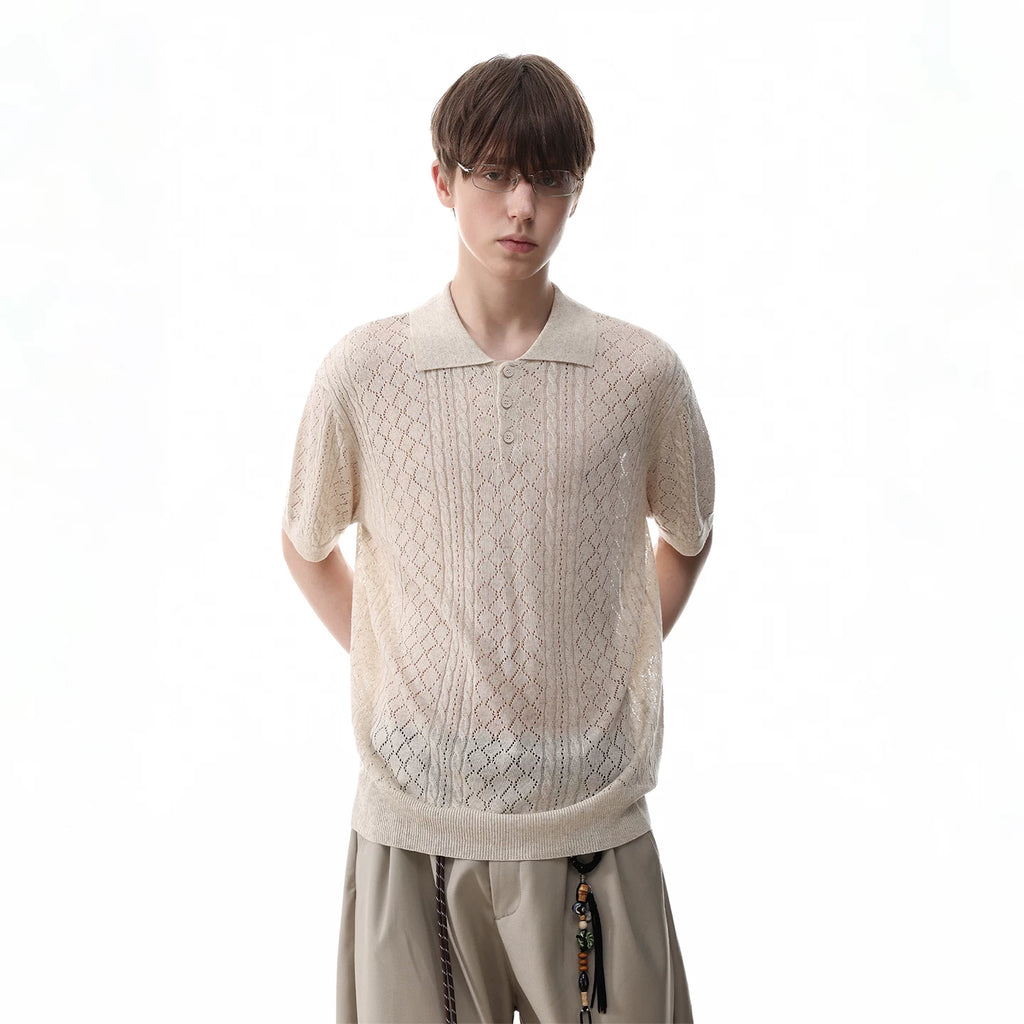 TREND ST Linen Old Money Wind Hollow Breathable Wheat Ear Jacquard Knitted Polo Shirt Men's Summer Short sleeved T-shirt