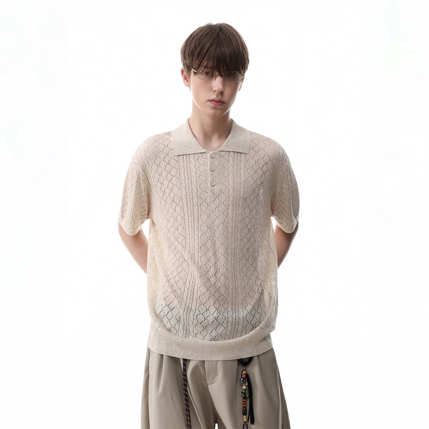 TREND ST Linen Old Money Wind Hollow Breathable Wheat Ear Jacquard Knitted Polo Shirt Men's Summer Short sleeved T-shirt