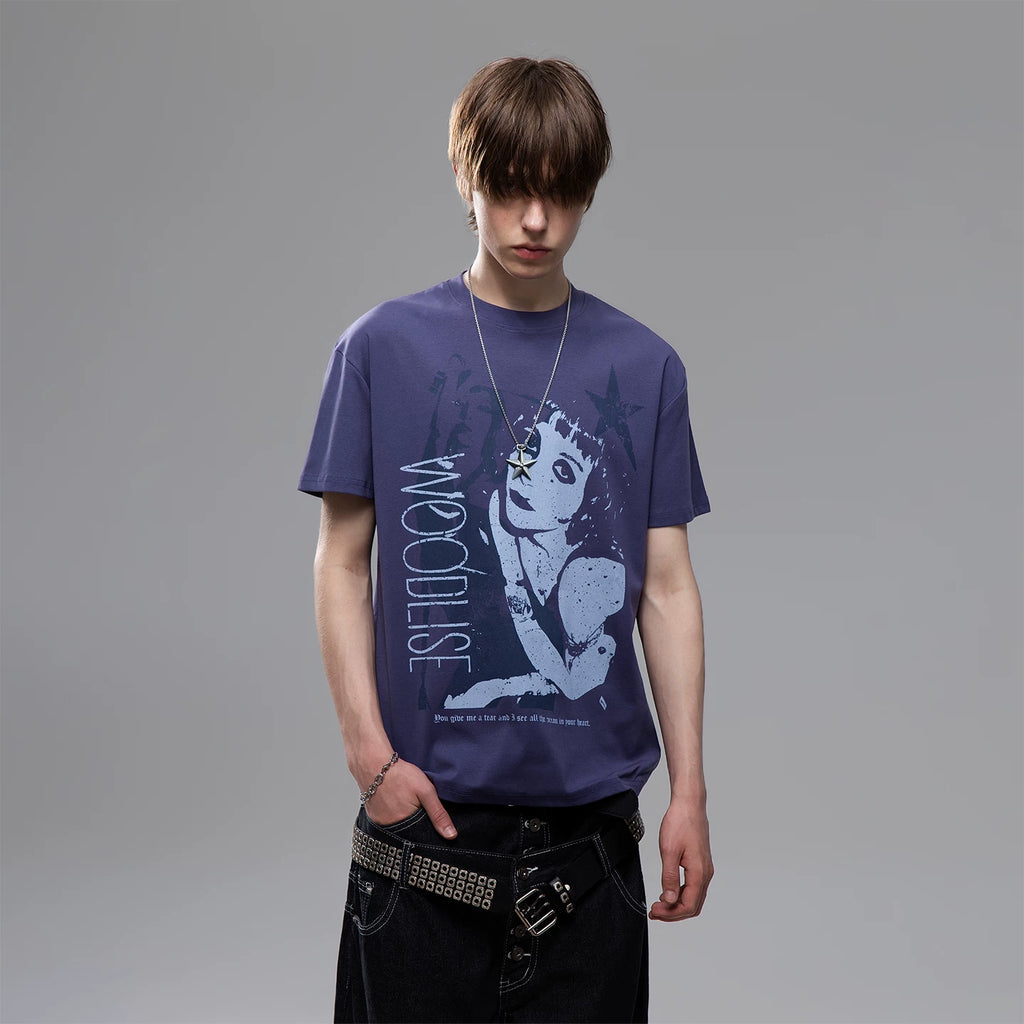 TREND ST Street Light Asian Punk Character Printed Short sleeved T-shirt for Men and Women Summer Boxy Shoulder Couple Top