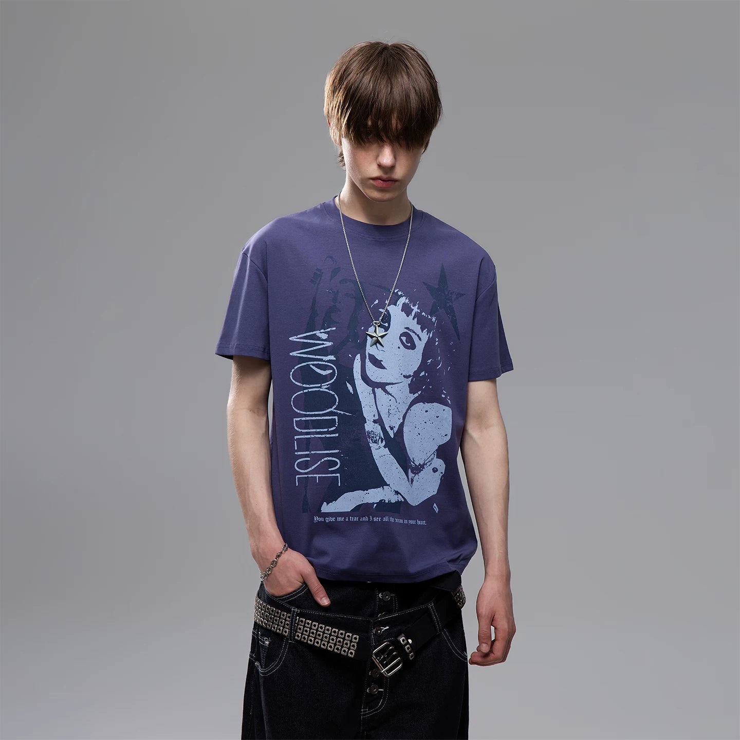 TREND ST Street Light Asian Punk Character Printed Short sleeved T-shirt for Men and Women Summer Boxy Shoulder Couple Top