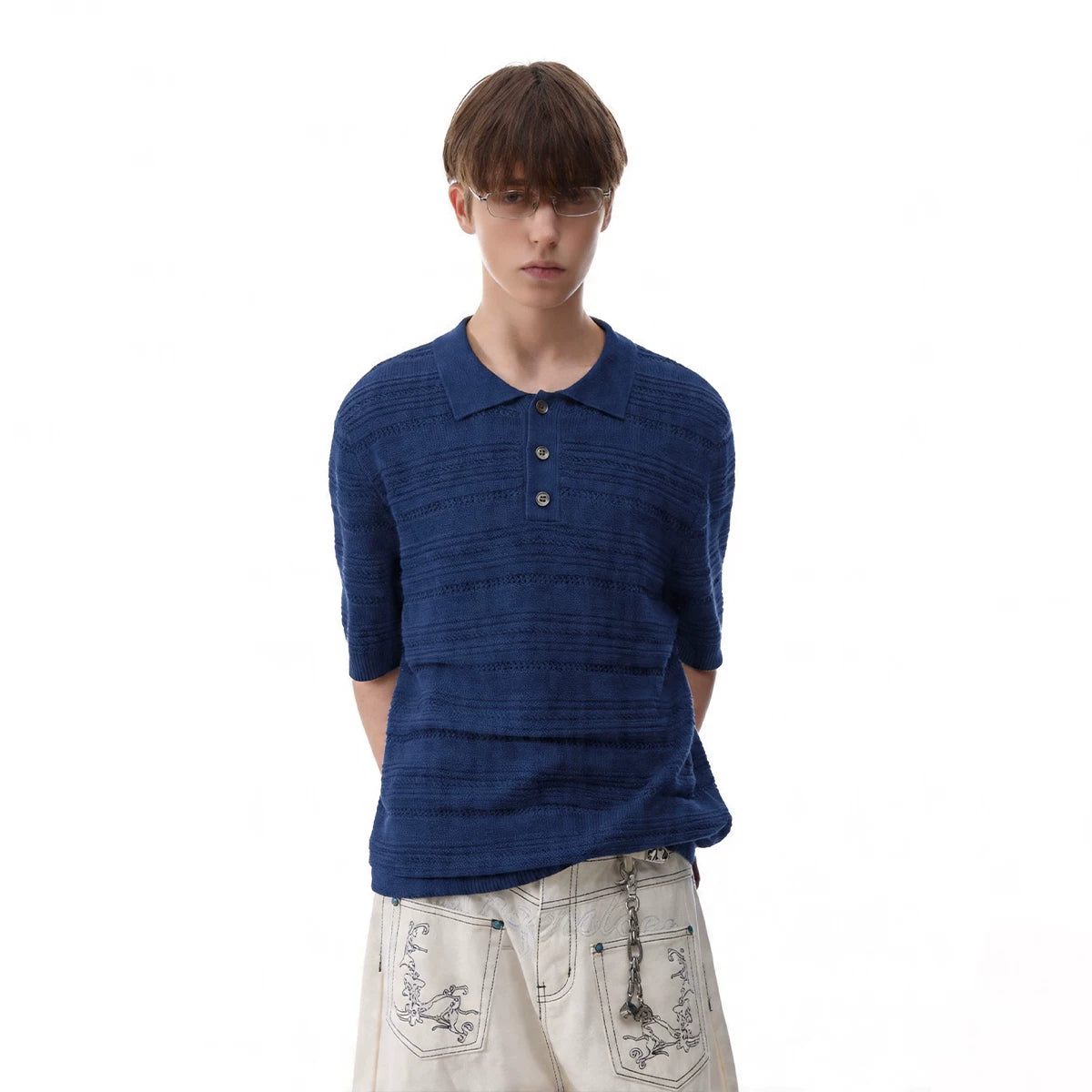 Trendy block light luxury old money style hollow striped knitted polo shirt short sleeved men's summer loose couple half sleeved T-shirt
