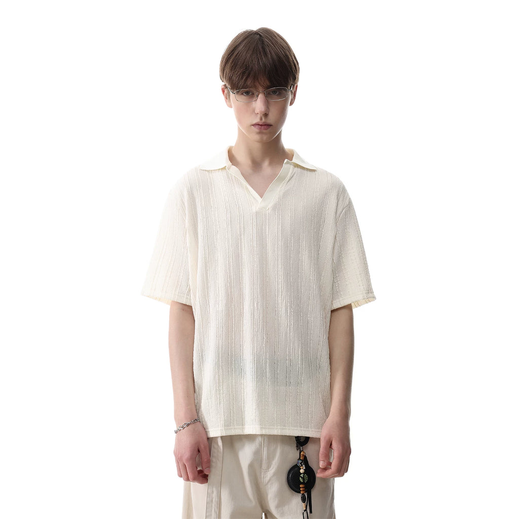 TREND ST vintage style seagull collar short sleeved polo shirt for men, summer loose texture flip collar knitted T-shirt