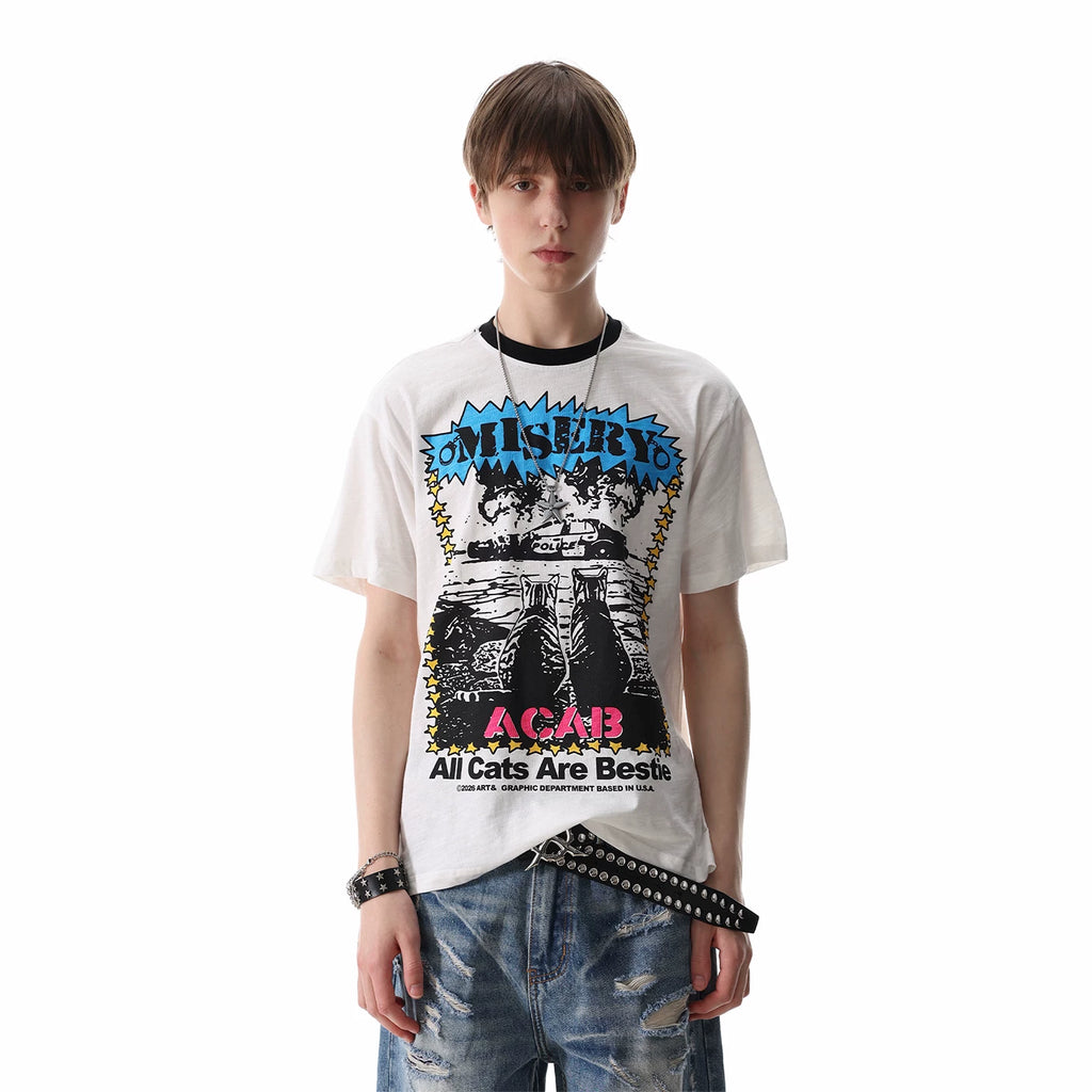 Thin and Cool TREND ST Street Punk Printed Shoulder Short sleeved T-shirt for Men and Women Summer Boxy T-shirt