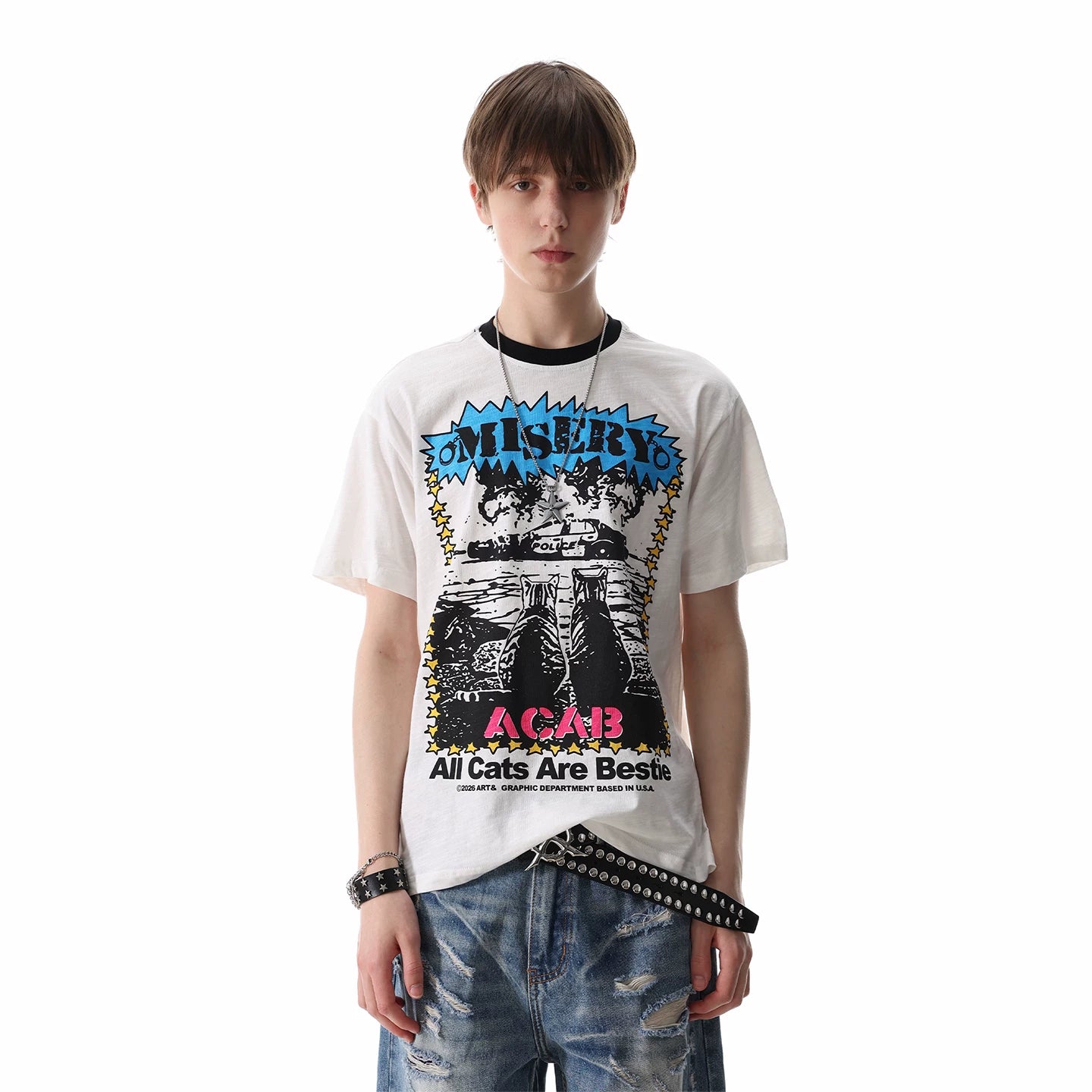 Thin and Cool TREND ST Street Punk Printed Shoulder Short sleeved T-shirt for Men and Women Summer Boxy T-shirt