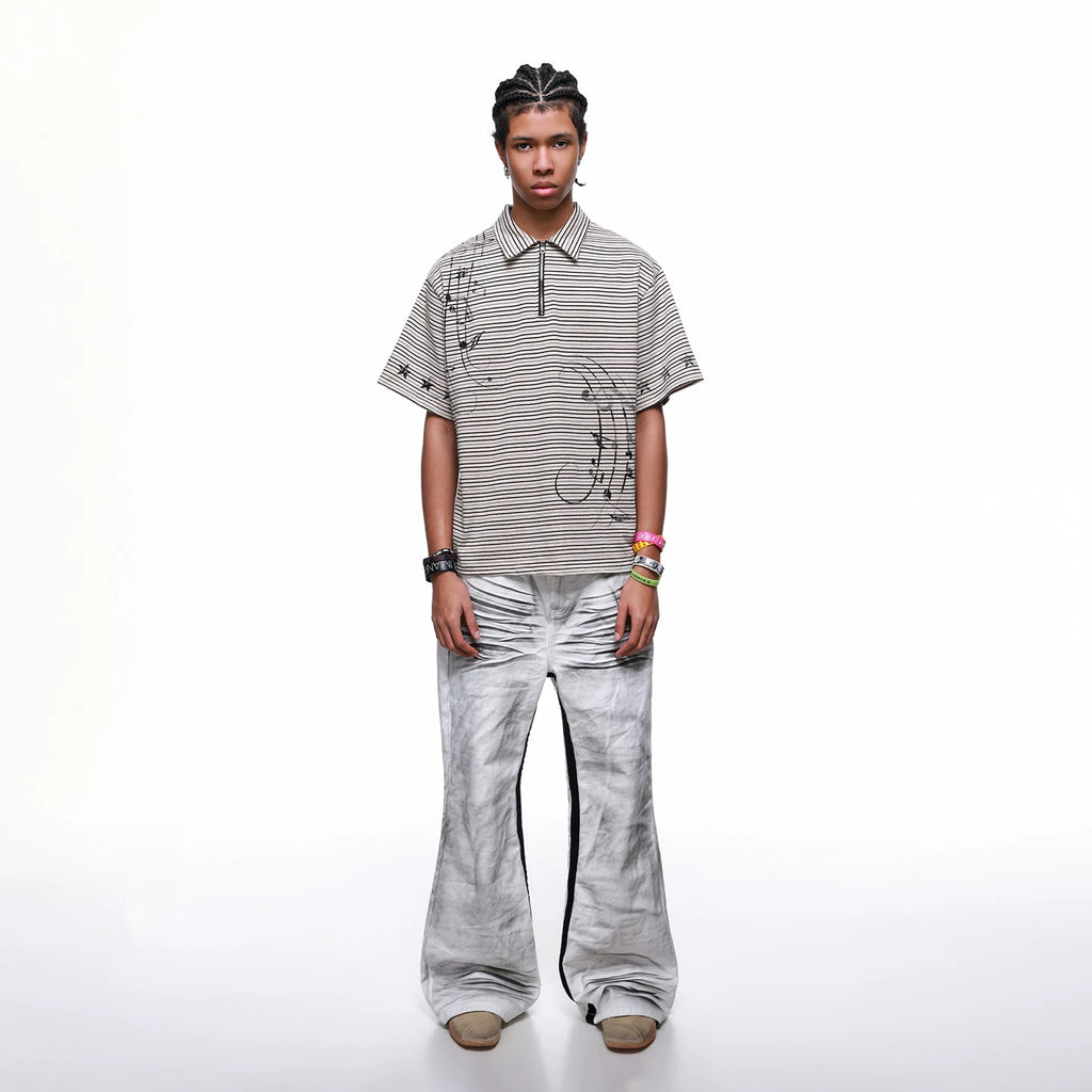 Original Trendy Brand Music Note Star Printed Half Zipper Polo Shirt for Men's Summer Retro Loose Striped Short sleeved T-shirt