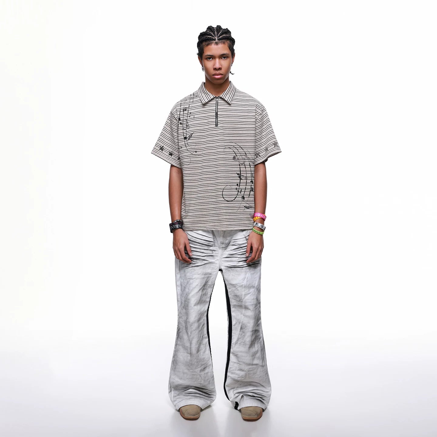Original Trendy Brand Music Note Star Printed Half Zipper Polo Shirt for Men's Summer Retro Loose Striped Short sleeved T-shirt