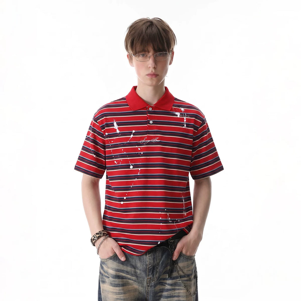 TREND ST American retro contrasting horizontal striped polo shirt short sleeved men's summer splashed ink embroidered loose T-shirt