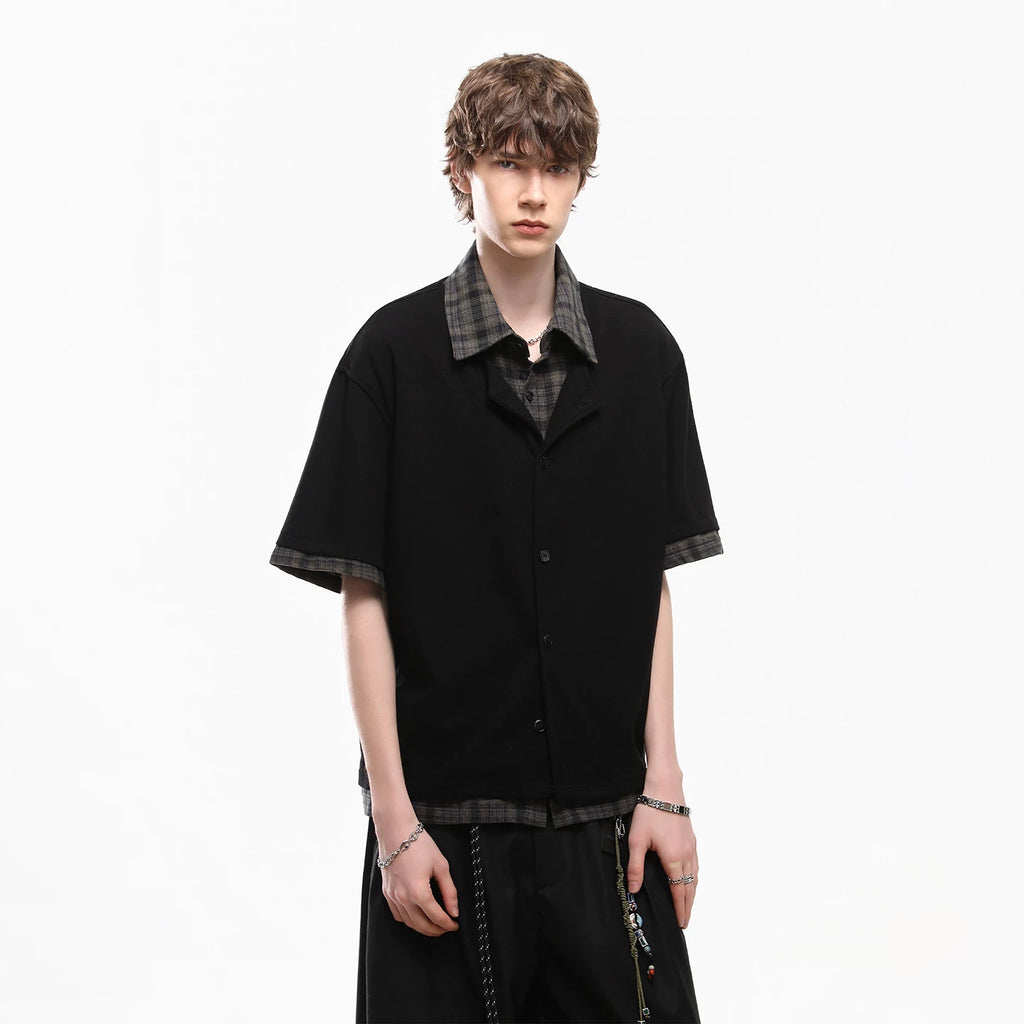 TREND ST Summer Vacation Two piece plaid patchwork vintage style shirt short sleeved men's American casual loose shirt