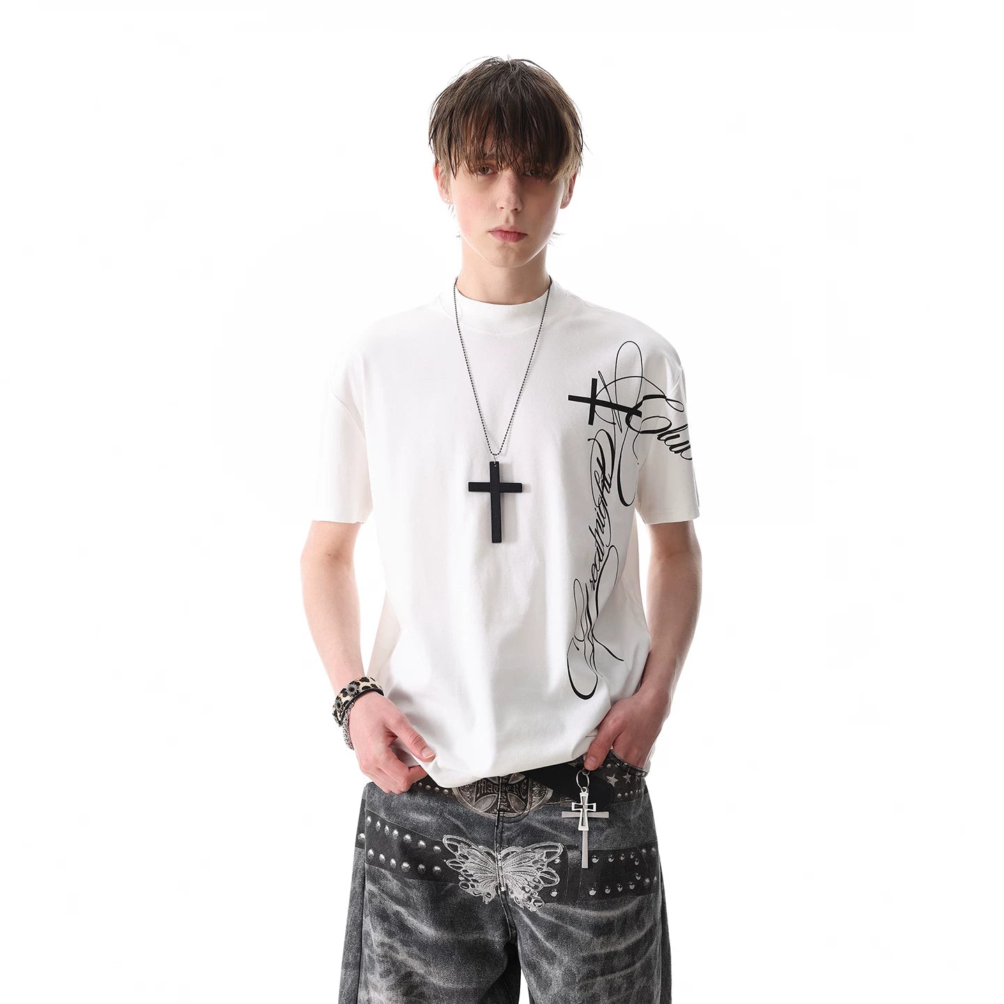 TREND ST American street print slim fit shoulder short sleeved T-shirt for men and women summer boxy version semi high neck top