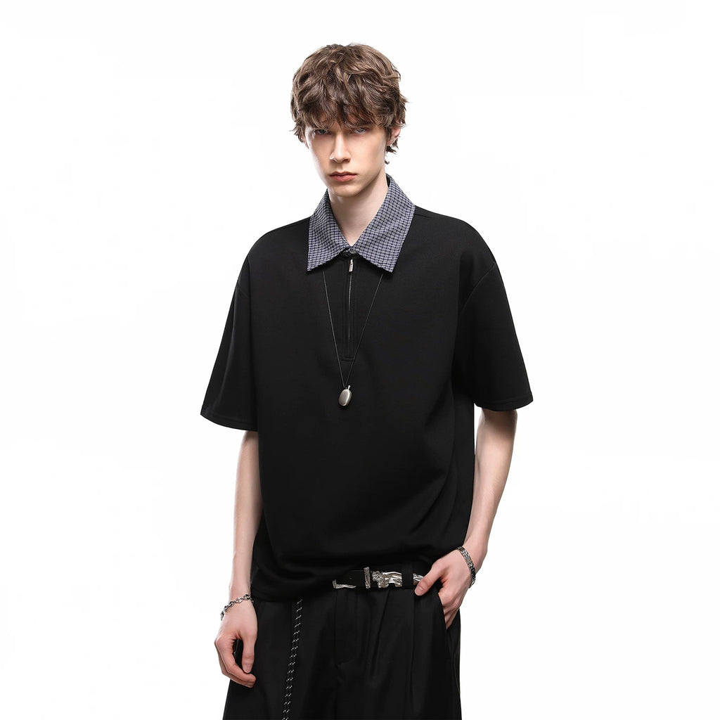 TREND ST American retro fake two-piece shirt collar short sleeved T-shirt men's summer checkered splicing loose polo shirt