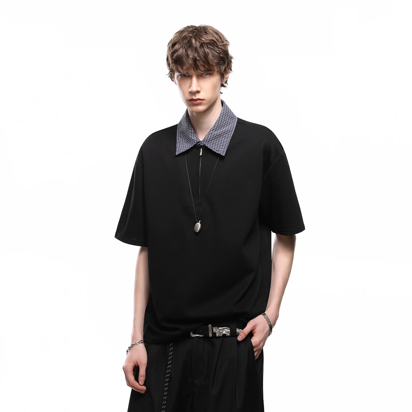 TREND ST American retro fake two-piece shirt collar short sleeved T-shirt men's summer checkered splicing loose polo shirt