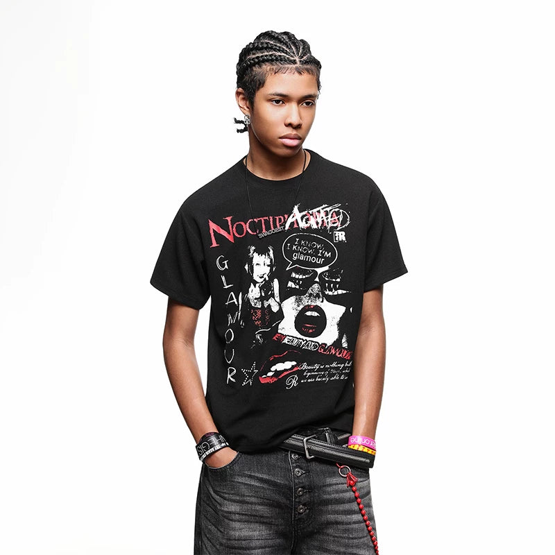 TREND ST American High Street Printed Short sleeved T-shirt for Men's Summer Punk Rock Style Shoulder Boxy Version Half Sleeve