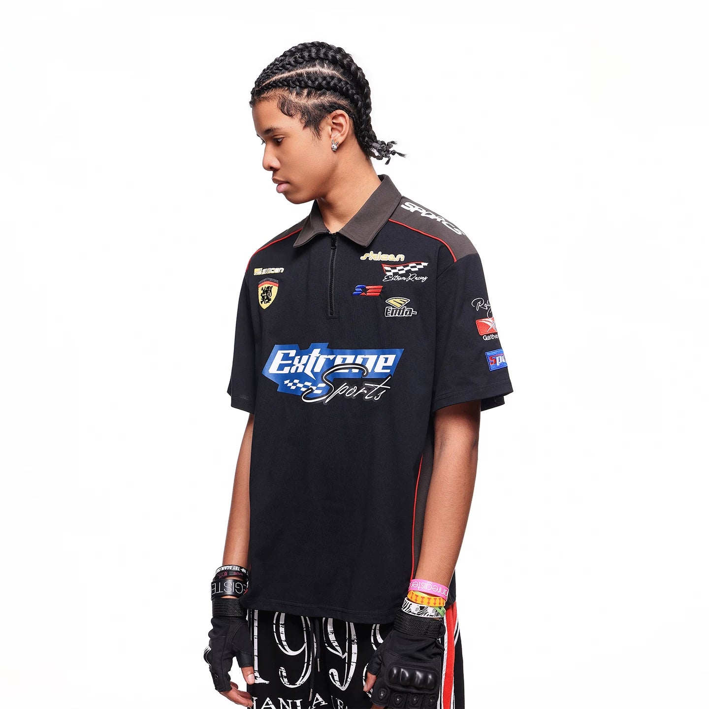 American high-end racing suit with half zipper collar T-shirt, men's summer loose design, embroidered polo shirt, short sleeved