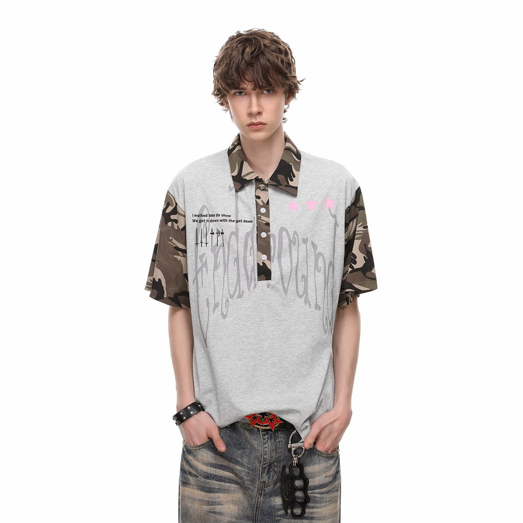 Vintage American style trendy camouflage patchwork short sleeved T-shirt for men, summer loose casual couple polo shirt top