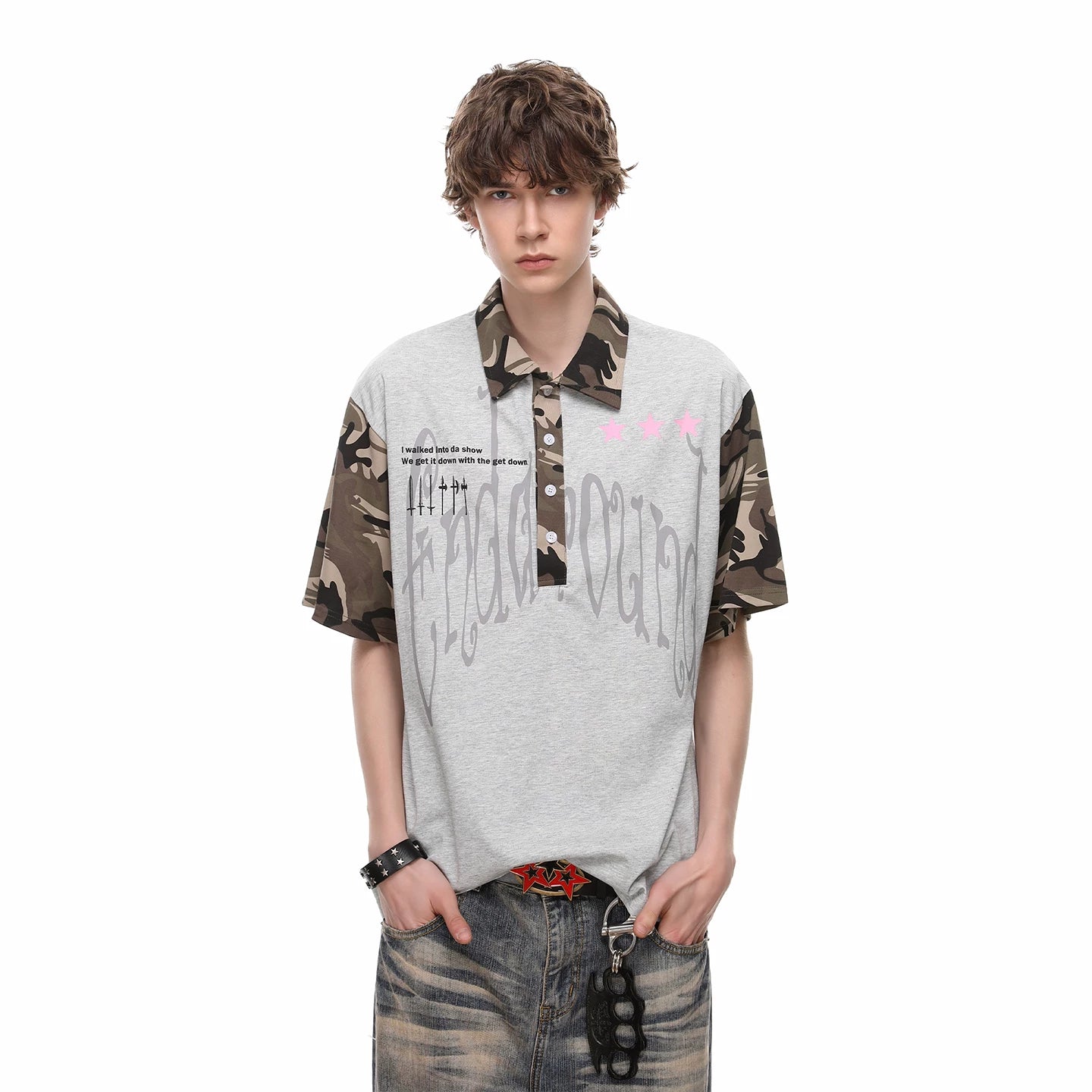 Vintage American style trendy camouflage patchwork short sleeved T-shirt for men, summer loose casual couple polo shirt top