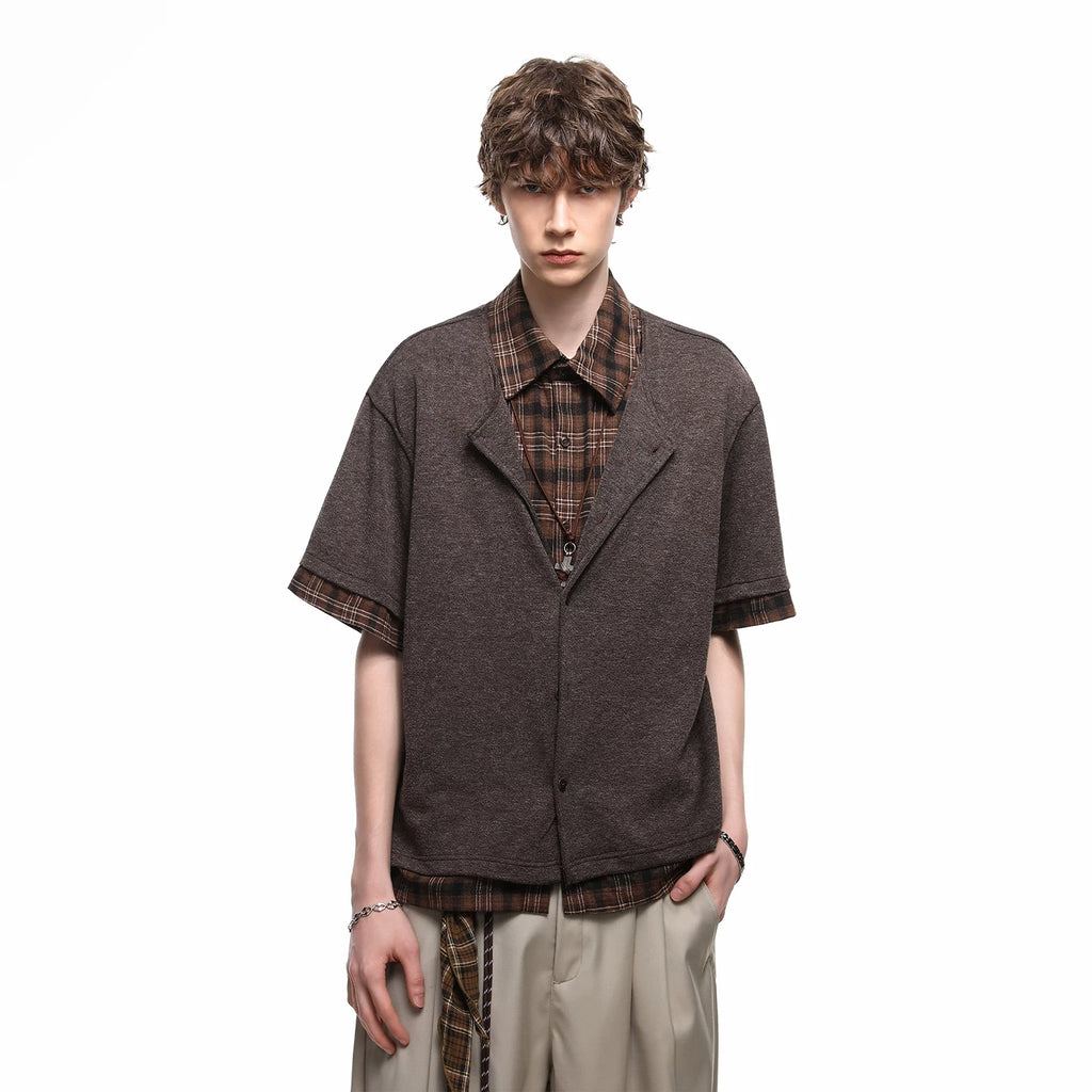 TREND ST Summer Vacation Two piece plaid patchwork vintage style shirt short sleeved men's American casual loose shirt