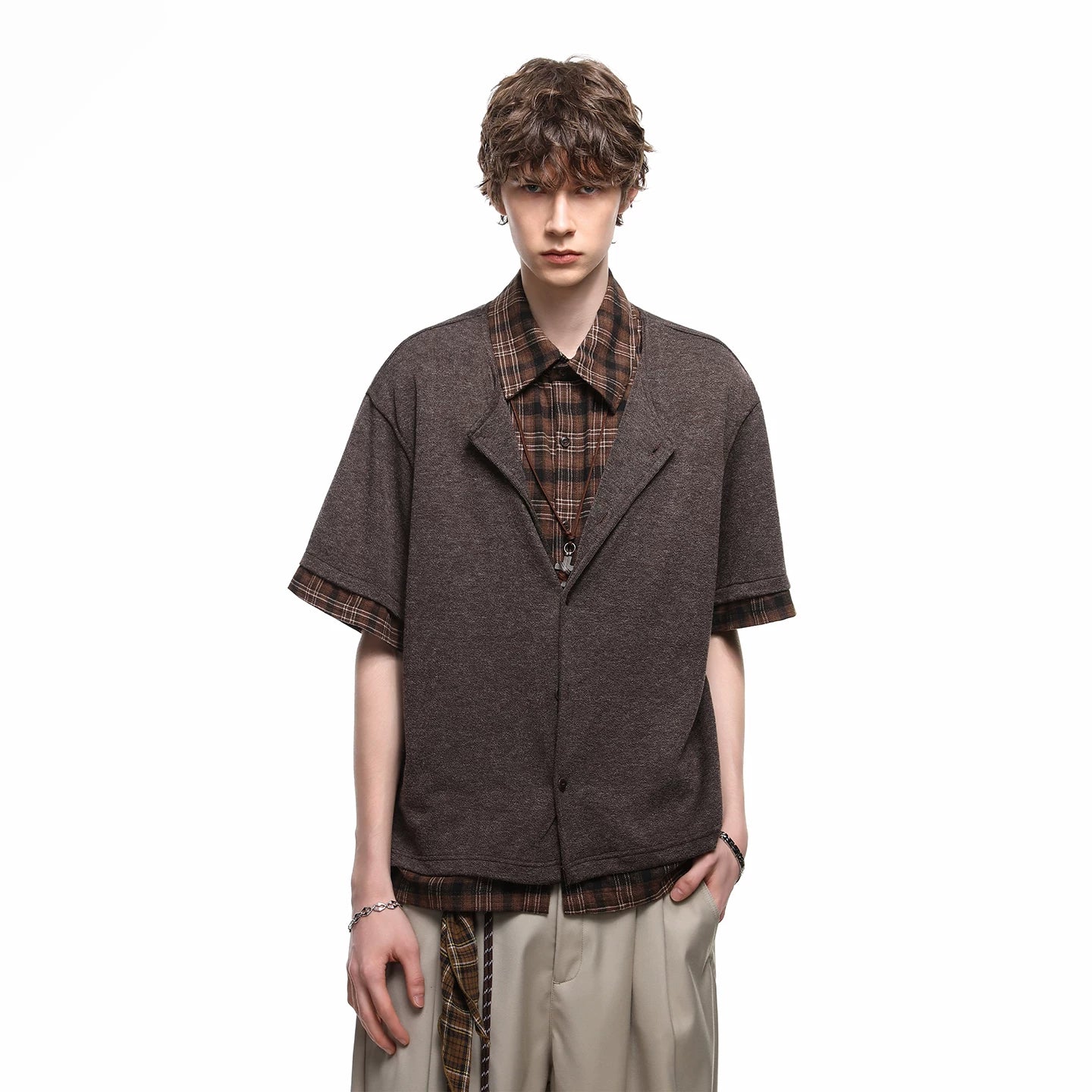TREND ST Summer Vacation Two piece plaid patchwork vintage style shirt short sleeved men's American casual loose shirt