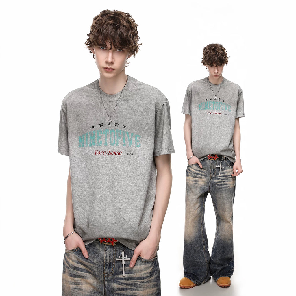 American retro tie dye distressed small collar short sleeved T-shirt for men's summer street ruff handsome print pure cotton half sleeved T-shirt